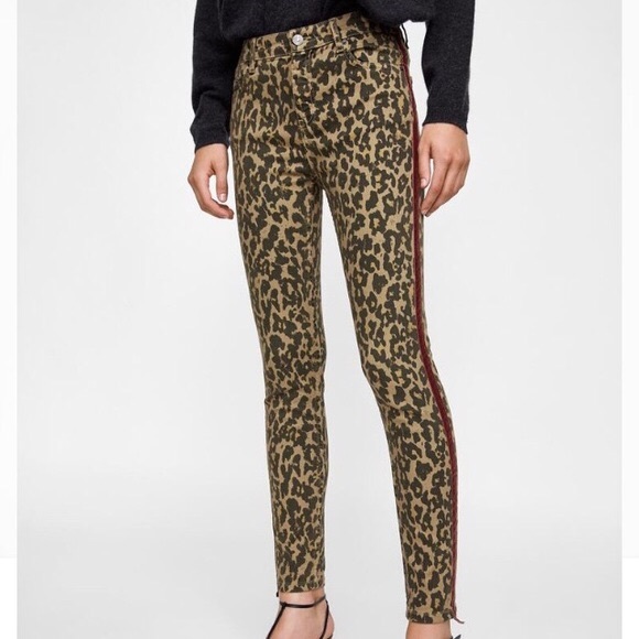 Zara Leopard Print Velvet Trim Stretch Skinny